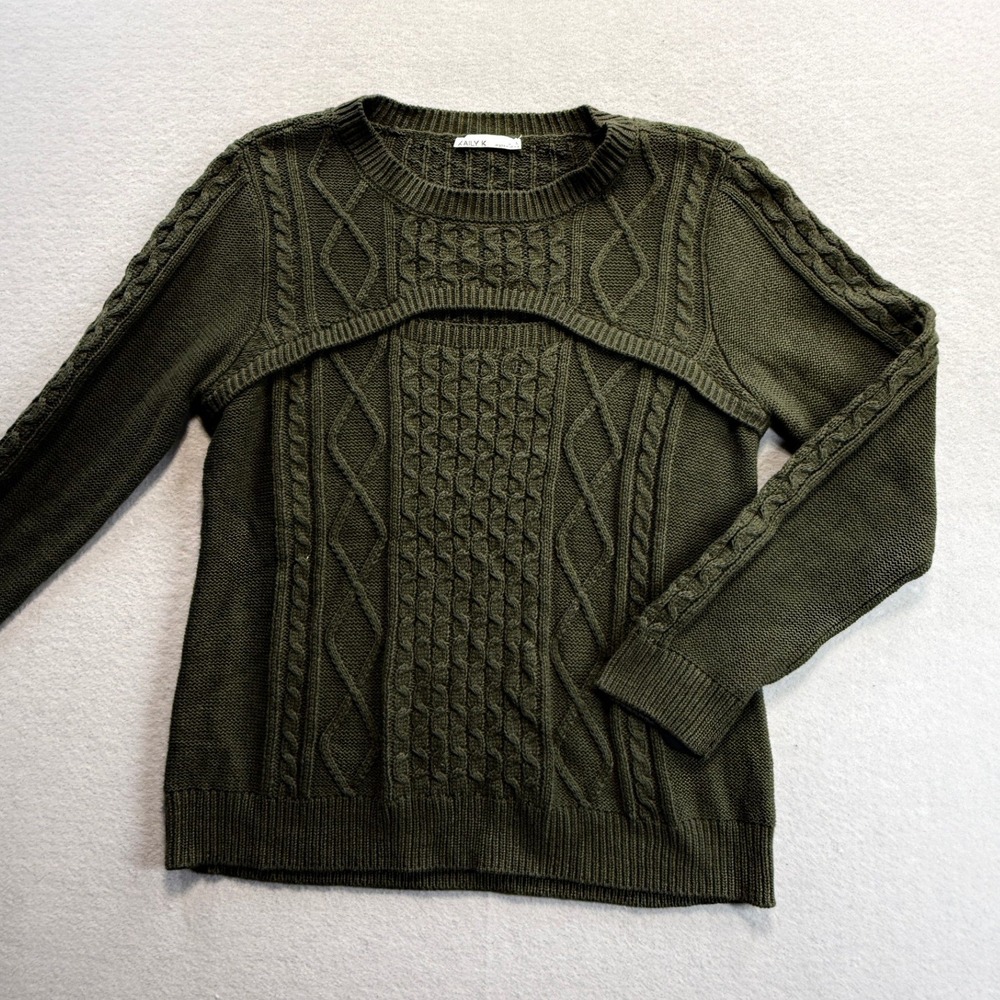 Kaily K Sweater Women Large Green Cable Knit Cut Out Long Sleeve Pullover